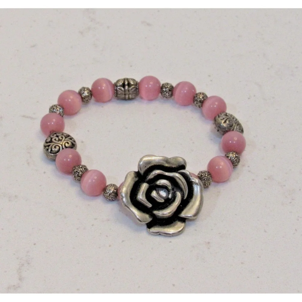 Stretch Silver Tone and Pink Beaded Bracelet Rose Fairy Boho‎ Cottage Feminine